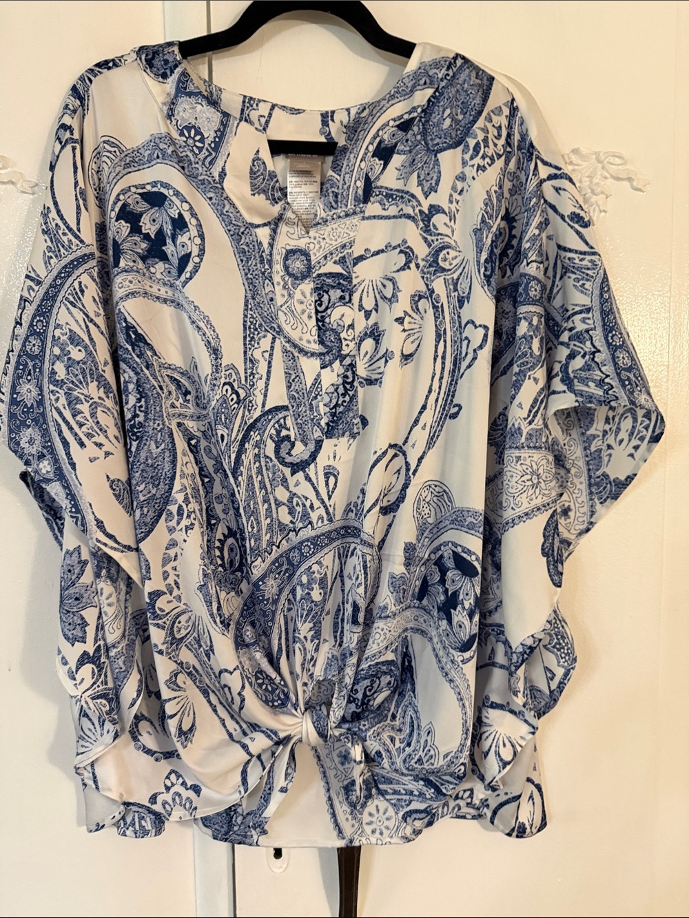 Chico's Blue Paisley Satin Tie-Hem Blouse